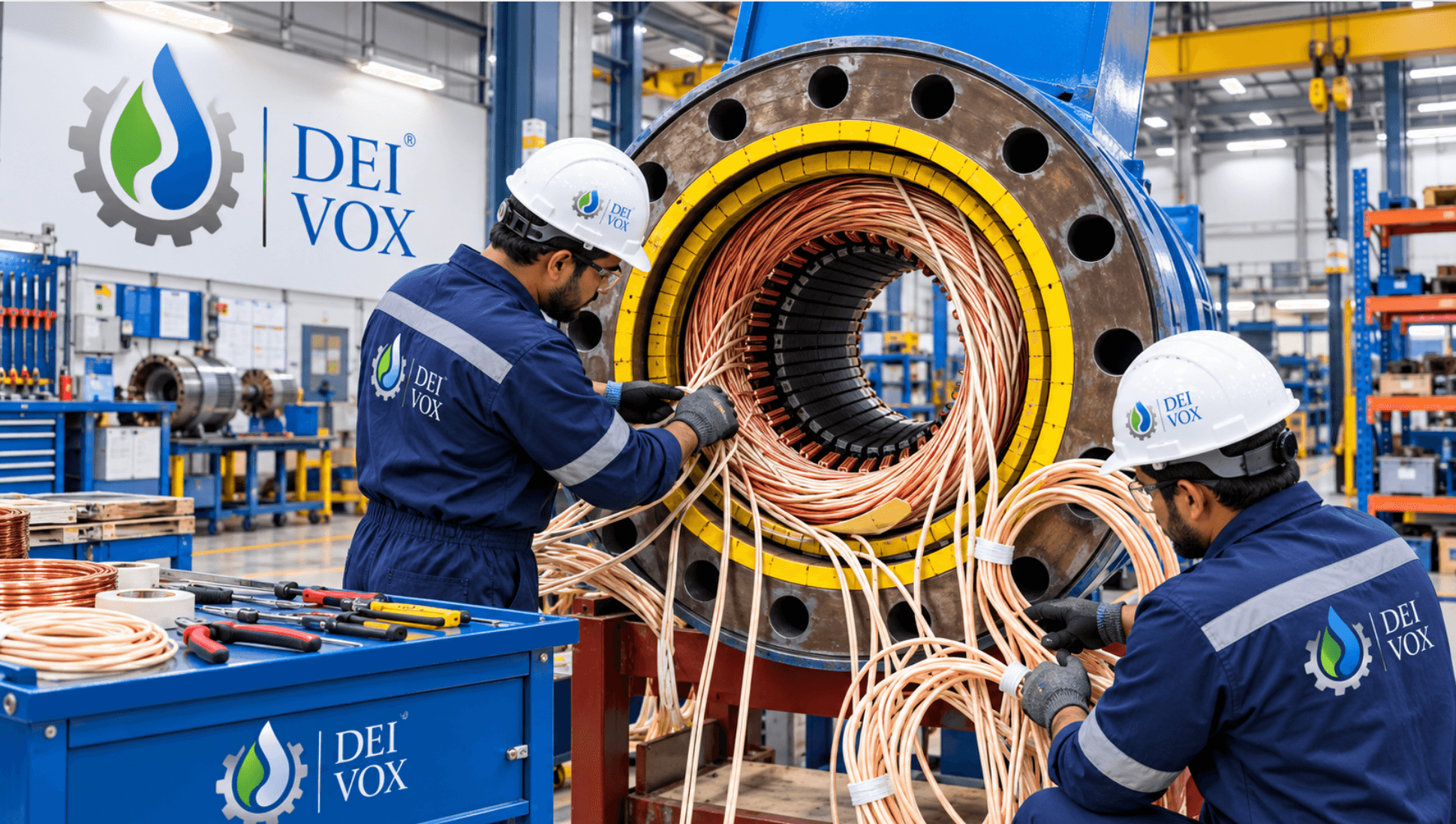 Technicians inspecting a large boiler circulation pump motor assembly