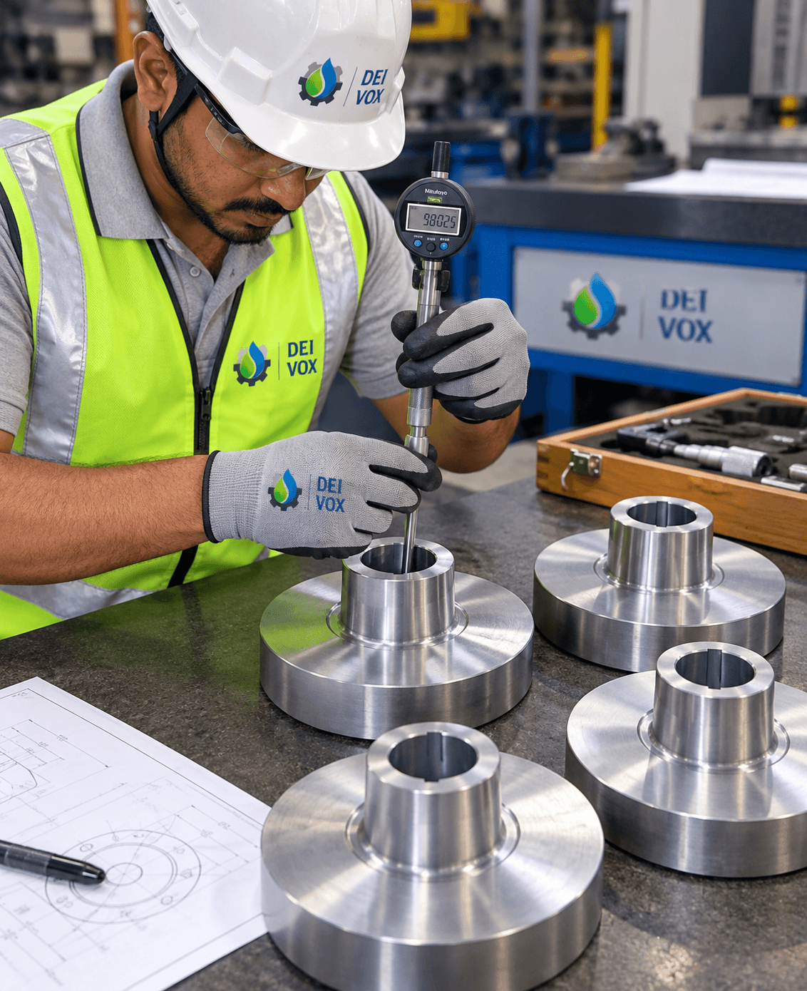 DEI VOX technician measuring and inspecting precision pump components