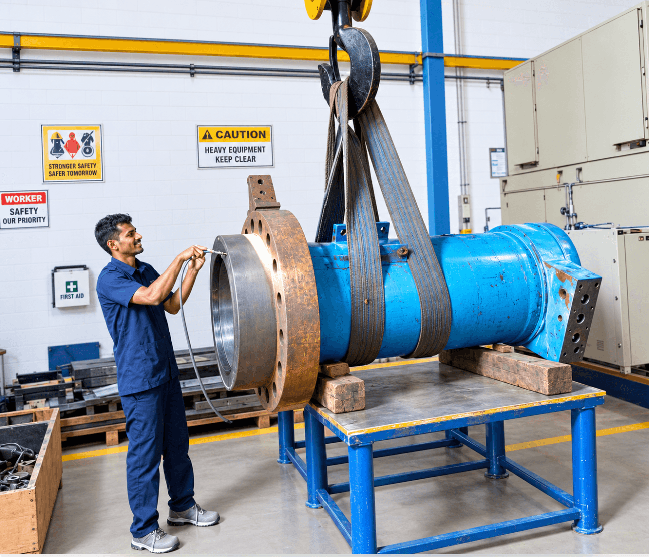 Technician working on a pump assembly in a service workshop