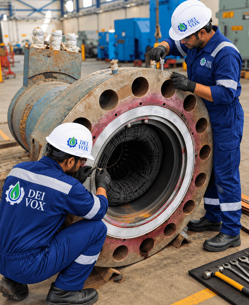 Technicians inspecting a boiler circulation pump motor